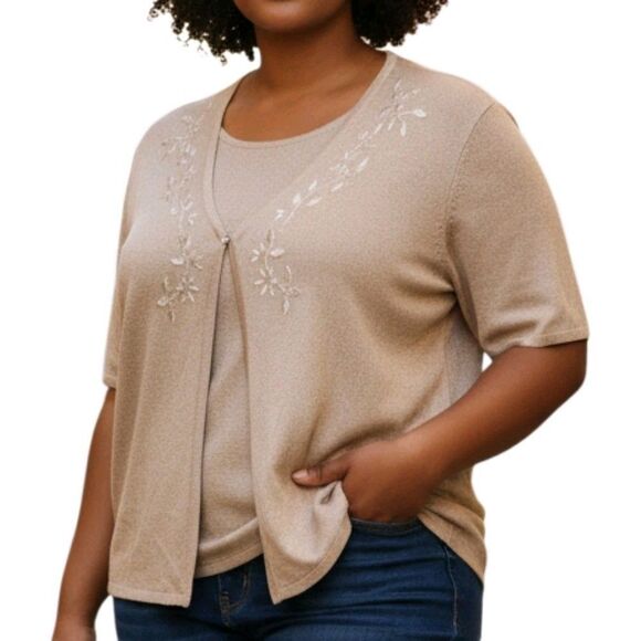 Sag Harbor Short Sleeve Cardigan Two Fer Embroidered Floral Womens Plus Size 1X - Picture 1 of 5